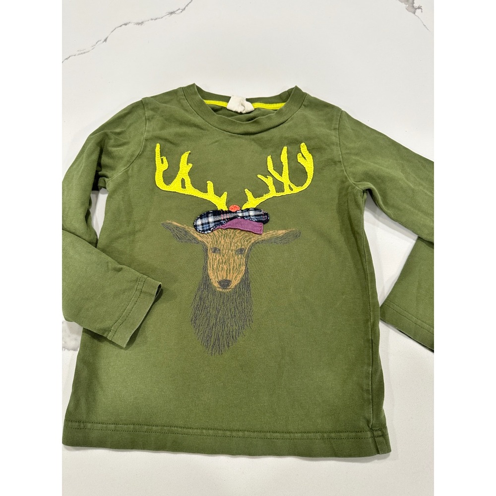 Mini Boden Kids Olive Green Reindeer Applique Long Sleeve Graphic Tee Size 2-3Y